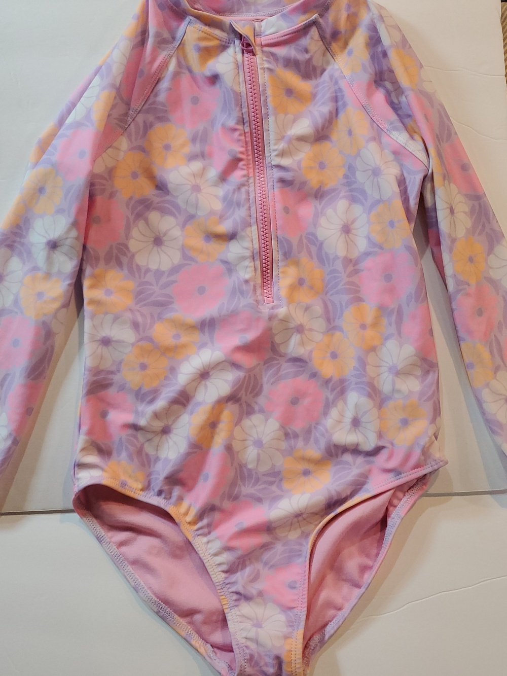 Girl's Size 10-12 Swimsuit And Swim Top Rash Guard Pink Flowers Purple